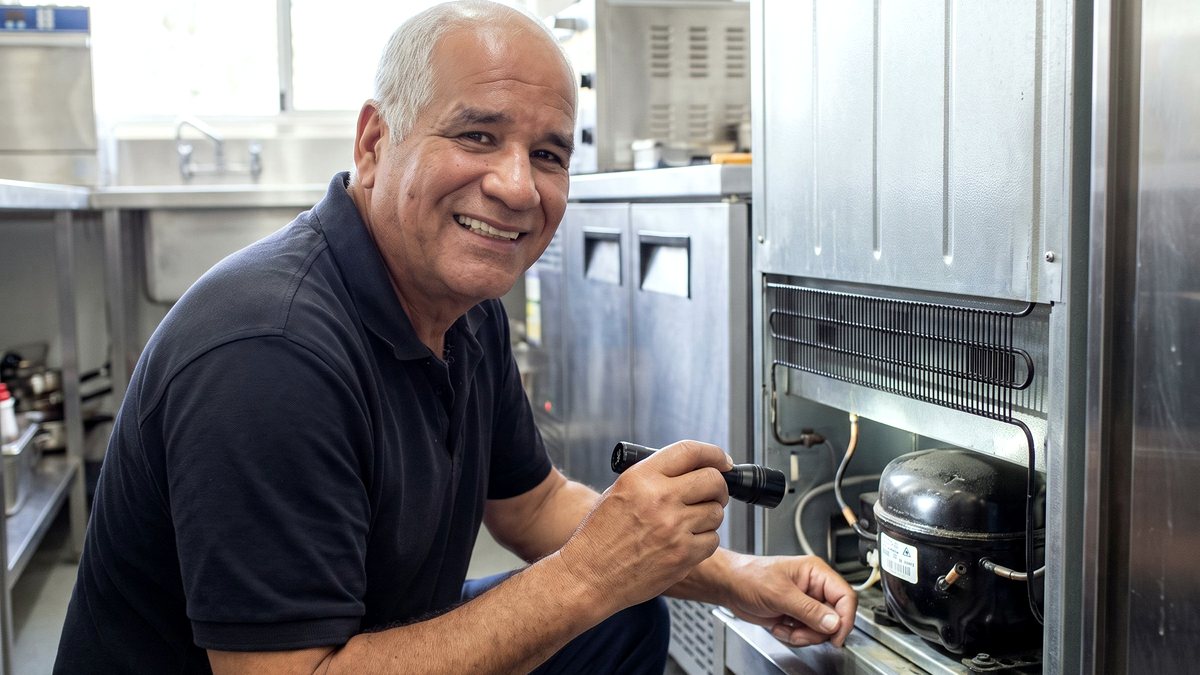 טכנאי בודק את יחידת הקירור והמדחס של מקרר מסחרי במטבח נקי