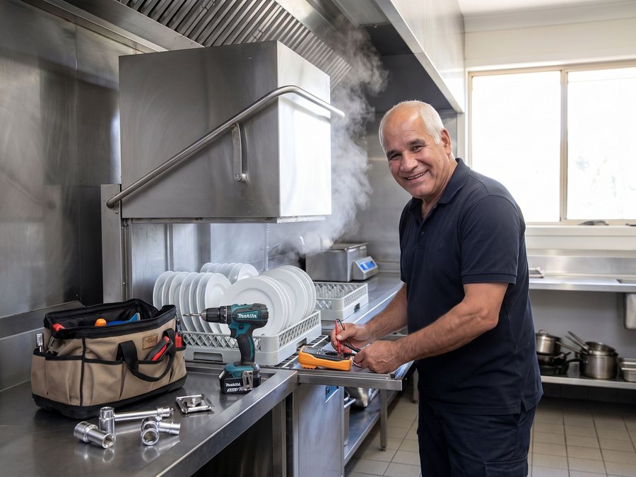 טכנאי כל בודק בודק מדיח כלים תעשייתי עם אדים ומדפי צלחות