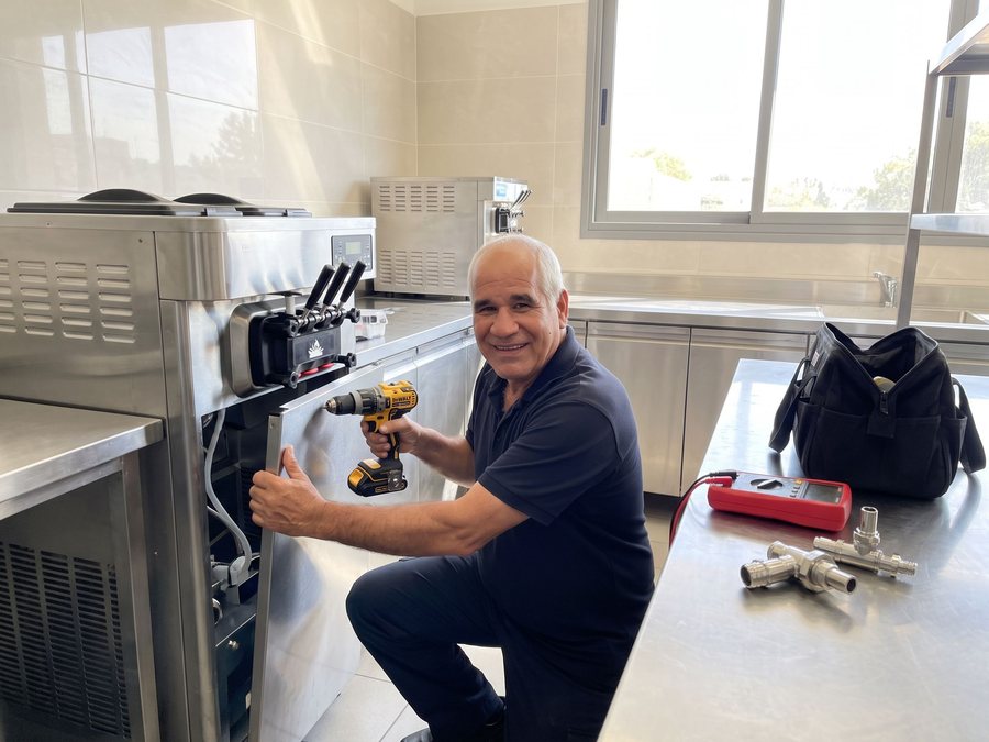 טכנאי כל בודק מתקן מכונת גלידה בגלידריה