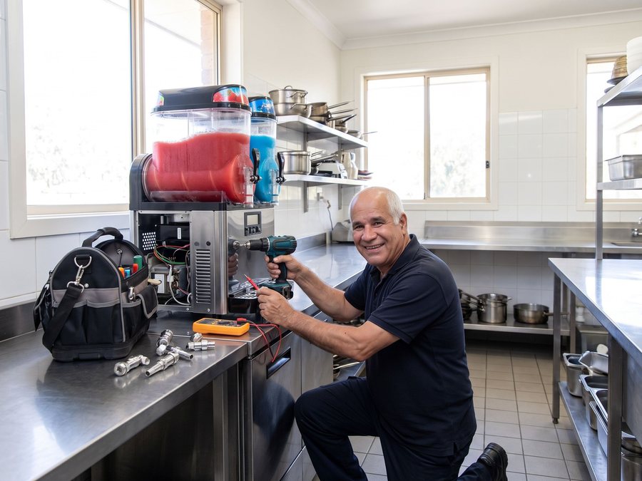 טכנאי כל בודק מתקן מכונת ברד עם שתי קערות צבעוניות